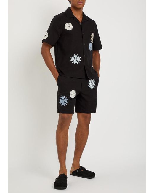 Wax London Black Kurt Embroidered Cotton And Linen-Blend Shorts for men