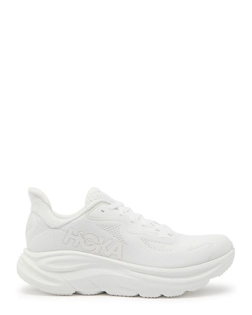 Hoka One One White Clifton 10 Mesh-Knit Sneakers