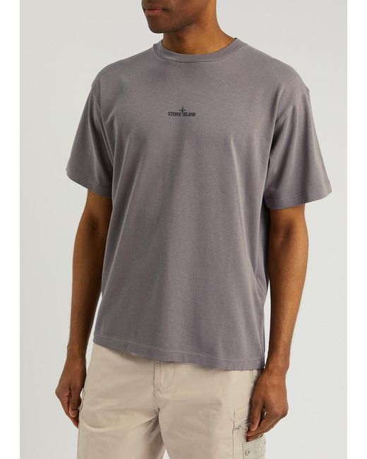 Stone Island Gray Logo-Print Cotton T-Shirt for men