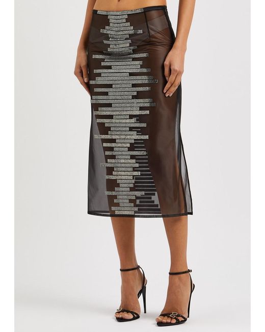Nue Studio Black Pixel Crystal-embellished Mesh Midi Skirt