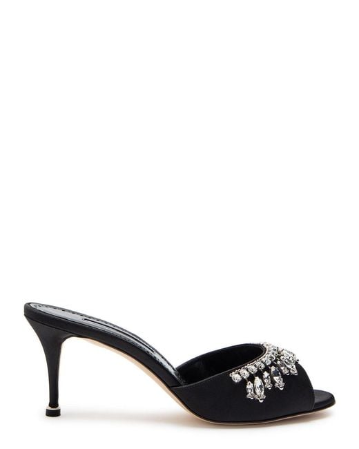 Manolo Blahnik Black Tulimu 70 Crystal-Embellished Satin Mules