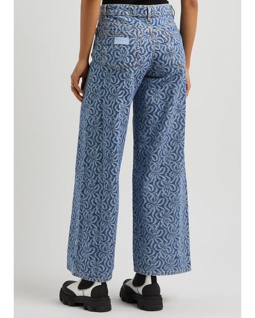 Ganni Blue Floral-jacquard Wide-leg Jeans