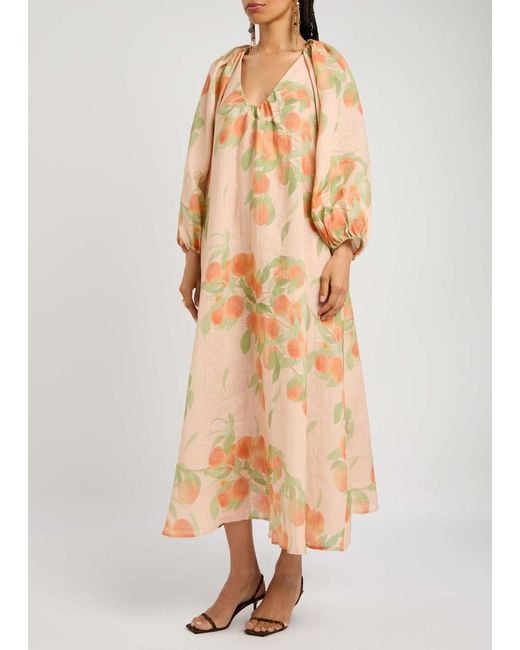 BERNADETTE Natural Georgette Printed Linen Midi Dress