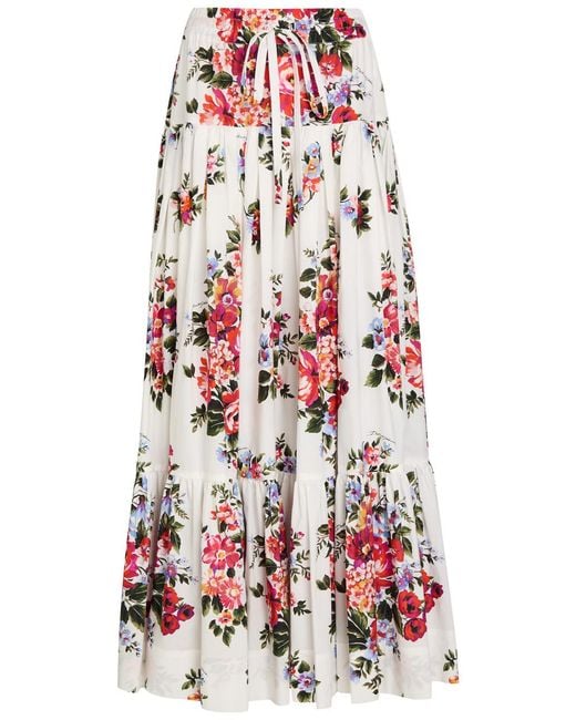 Dolce & Gabbana Red Floral-Print Cotton-Poplin Maxi Skirt