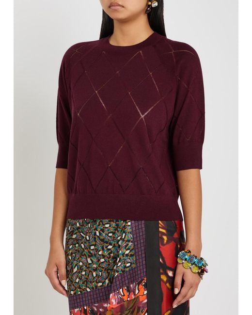 Dries Van Noten Red Tuan Diamond-Stitch Merino Wool Top