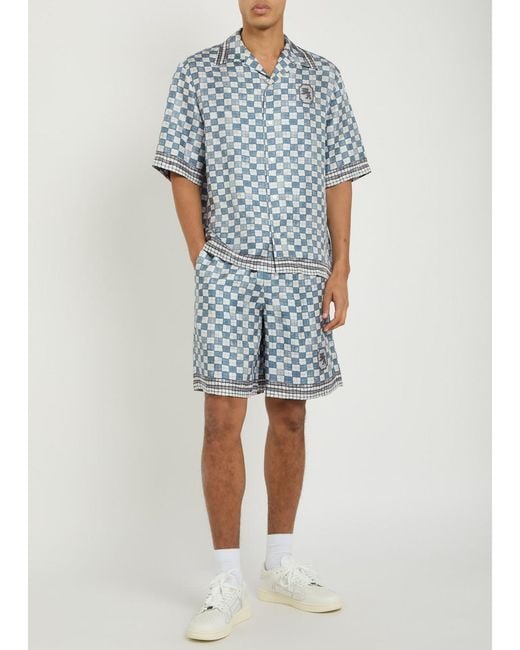 Amiri Blue Chateau Crest Checked Silk Shorts for men