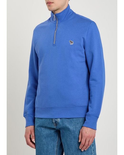 Paul Smith Blue Appliquéd Half-Zip Cotton Sweatshirt for men