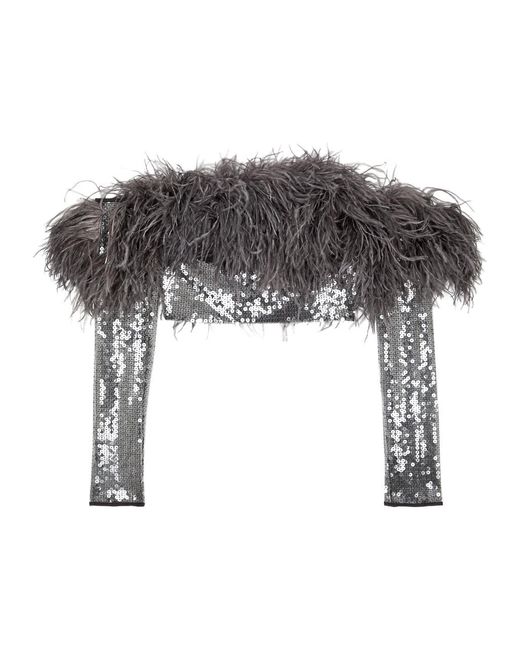 David Koma Gray Feather-trimmed Sequin Top