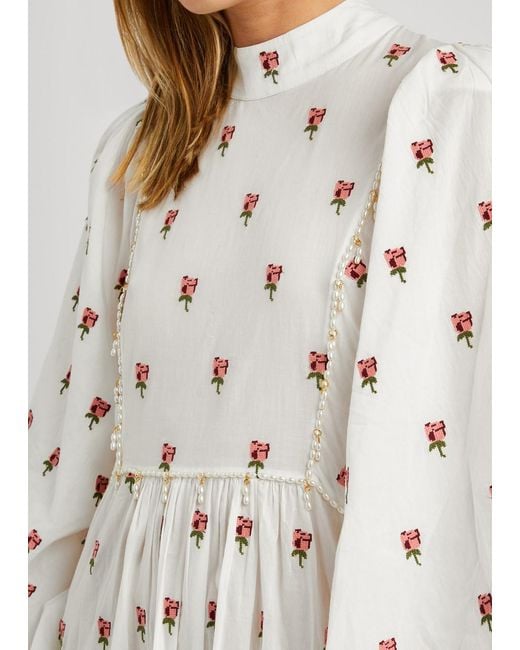 Farm Rio White Floral-embroidered Cotton Maxi Dress