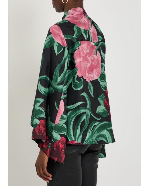LaDoubleJ Green Make An Exit Floral-Print Silk-Twill Top