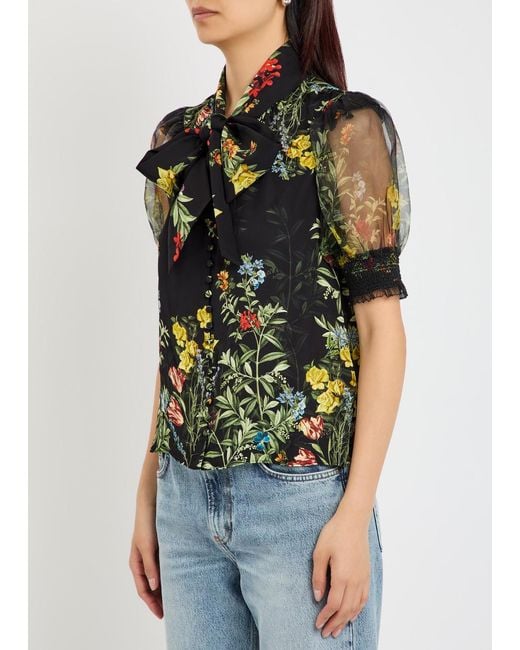 Alice + Olivia Black Brentley Floral-Print Woven Blouse
