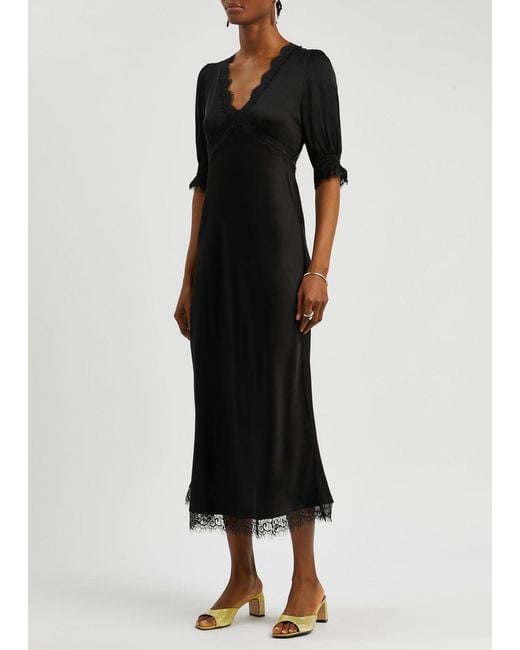Rixo Black Gabrielle Lace-trimmed Satin Midi Dress