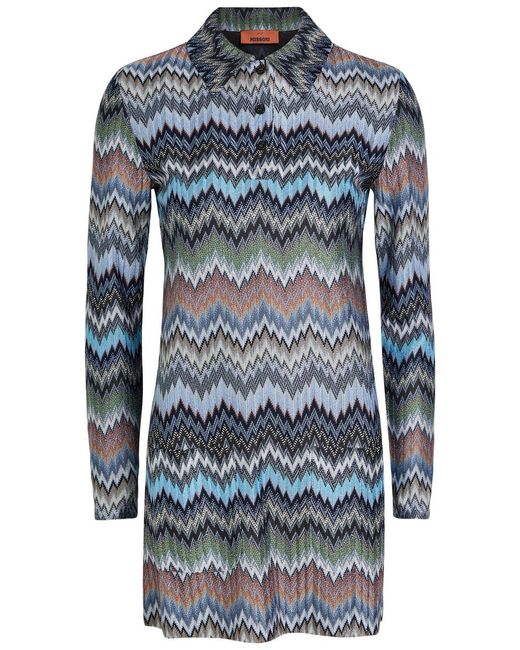 Missoni Blue Zigzag-Intarsia Fine-Knit Mini Dress