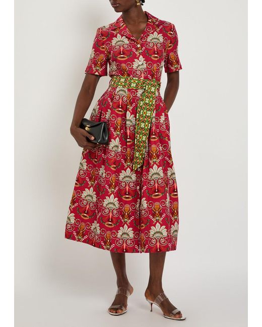 Emporio Sirenuse Red Claudia Printed Linen And Cotton-Blend Midi Shirt Dress