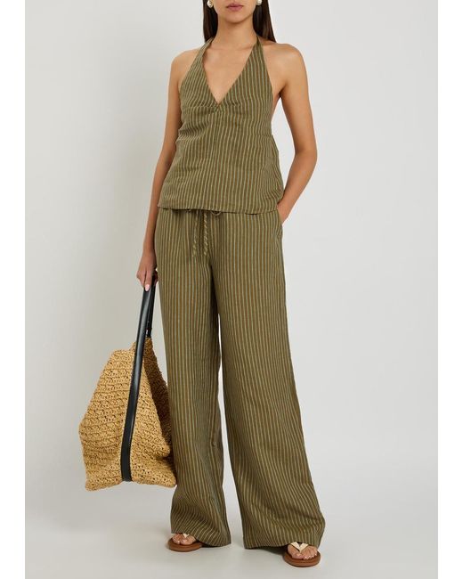 Staud Green Mateo Striped Linen Trousers