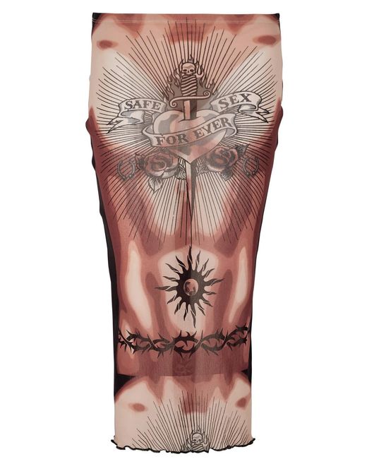 Jean Paul Gaultier Natural Safe Sex Tattoo Printed Tulle Midi Skirt