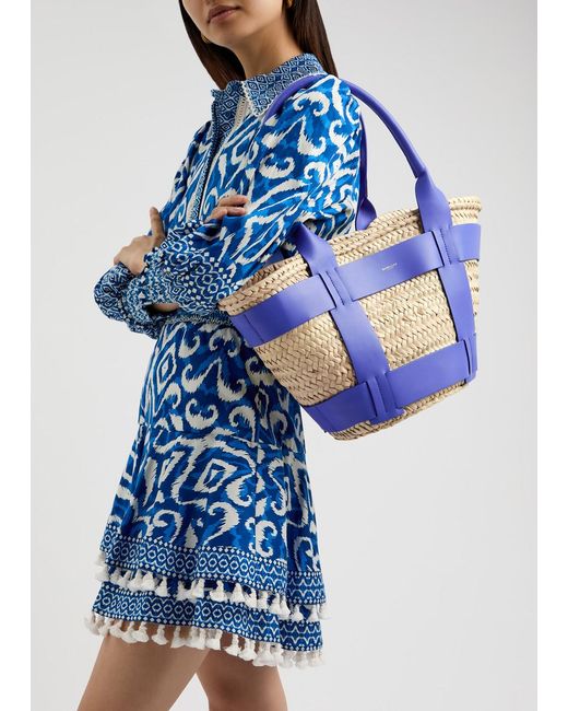 DeMellier London Blue Santorini Leather And Raffia Basket Bag