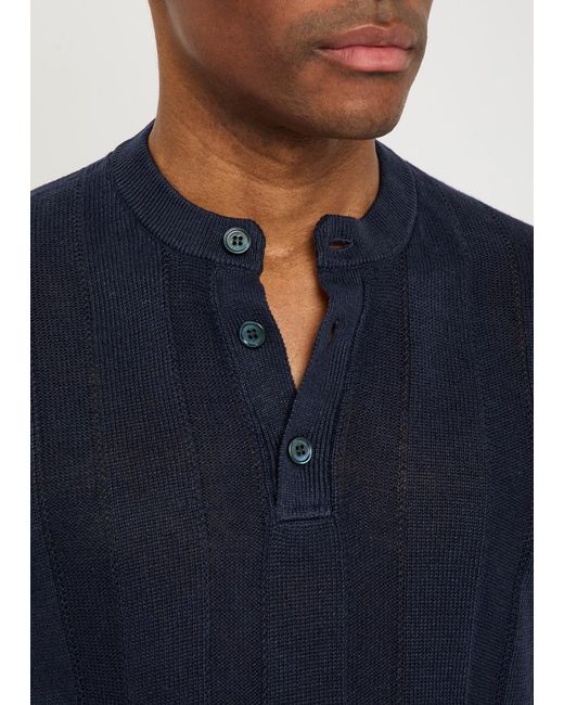 Brunello Cucinelli Blue Ribbed Linen-Blend T-Shirt for men