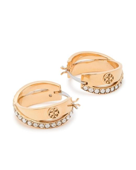 Tory Burch White Icon Pavé Double-Hoop 18Kt-Plated Hoop Earrings