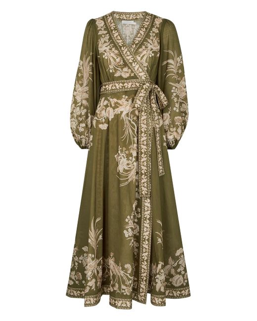 Zimmermann Anneke Floral-print Cotton Wrap Dress in Olive (Green) | Lyst
