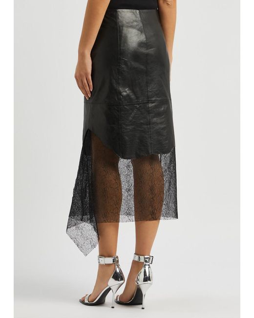 Helmut Lang Black Lace-panelled Leather Midi Skirt
