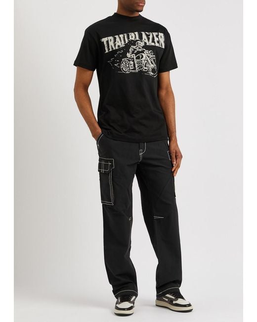 True Religion Black Embroidered Cotton Cargo Trousers for men