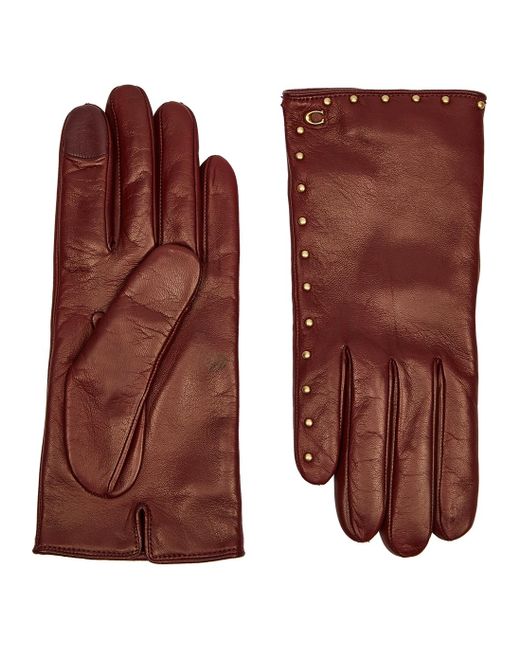 COACH Studded Leather Gloves in Brown Lyst