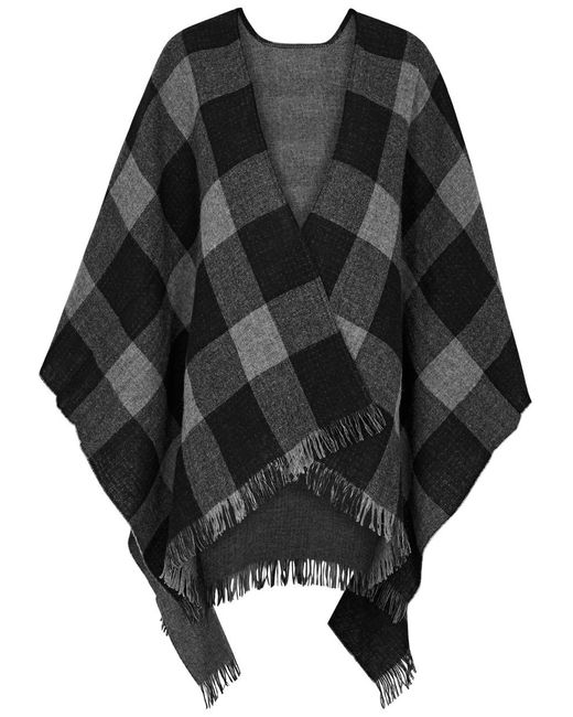 Eileen Fisher Black Checked Fringed Wool Poncho
