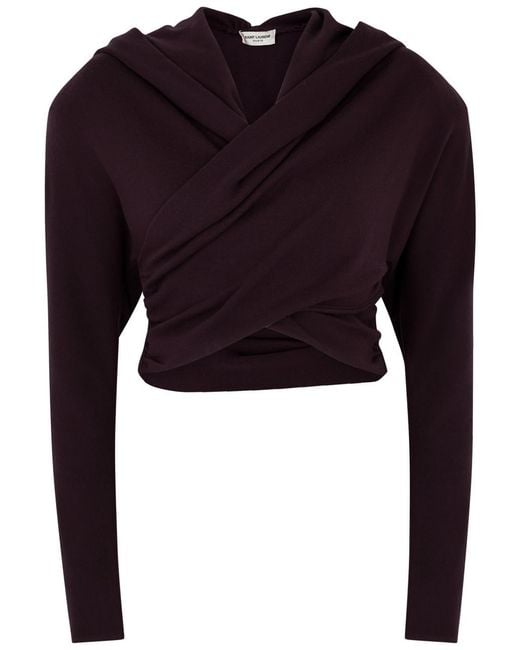 Saint Laurent Black Hooded Cross-over Wool Top