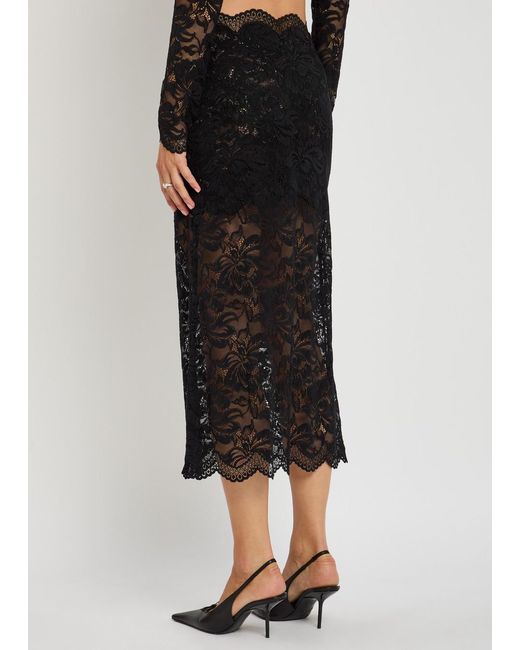 Rabanne Black Floral Stretch-Guipure Lace Midi Skirt