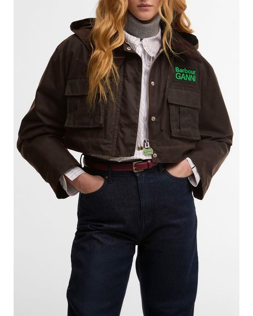 BARBOUR X GANNI Black Peplum Waxed Cotton Jacket