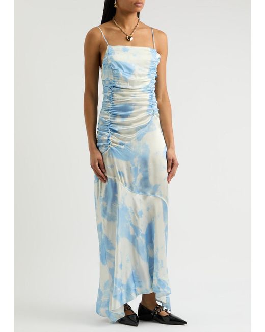 Ganni Blue Printed Satin Maxi Dress