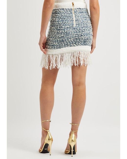 Balmain Blue Embellished Fringed Tweed Mini Skirt