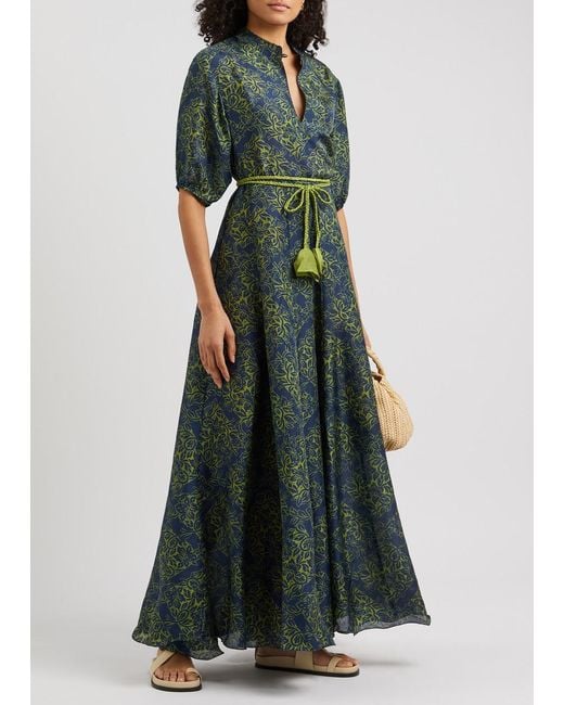 Hannah Artwear Green Oceanus Printed Silk Maxi Dress