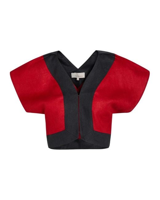 LIBEROWE Red Havi Panelled Cropped Linen Top