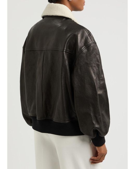Khaite Black Shellar Shearling-Trimmed Leather Bomber Jacket
