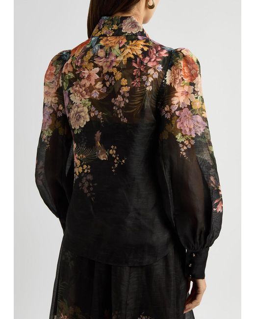 Zimmermann Black Pavilion Floral-Print Linen-Blend Blouse