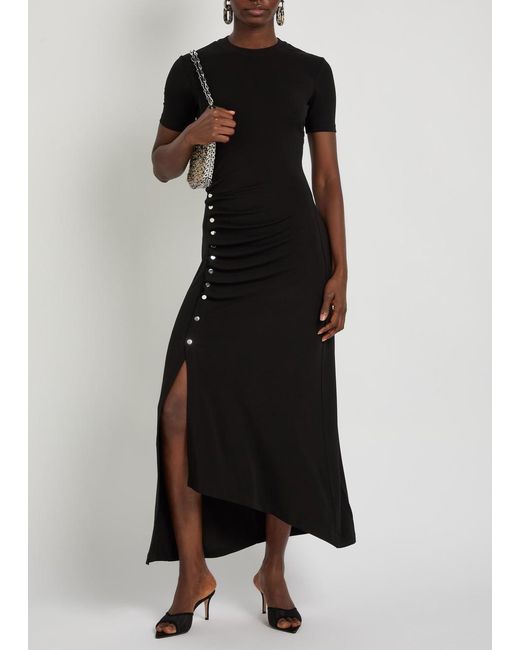 Rabanne Black Gathered Asymmetric Stretch-Jersey Midi Dress