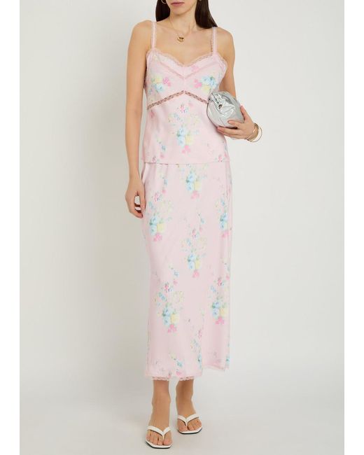 LoveShackFancy Pink Kalo Floral-Print Satin Midi Slip Skirt