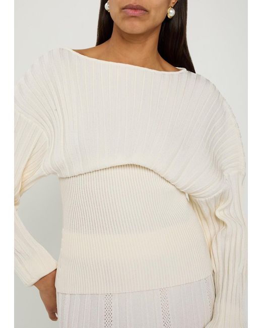 Balmain Natural Ribbed Batwing Knit Top