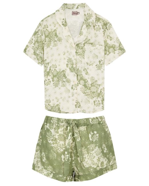 Desmond & Dempsey Green Flowers Of Time Linen Pyjama Set