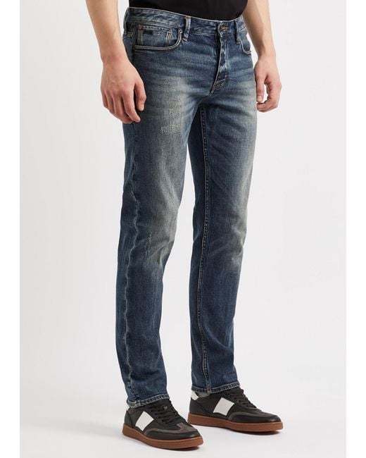 Emporio Armani Blue Distressed Slim-leg Jeans for men