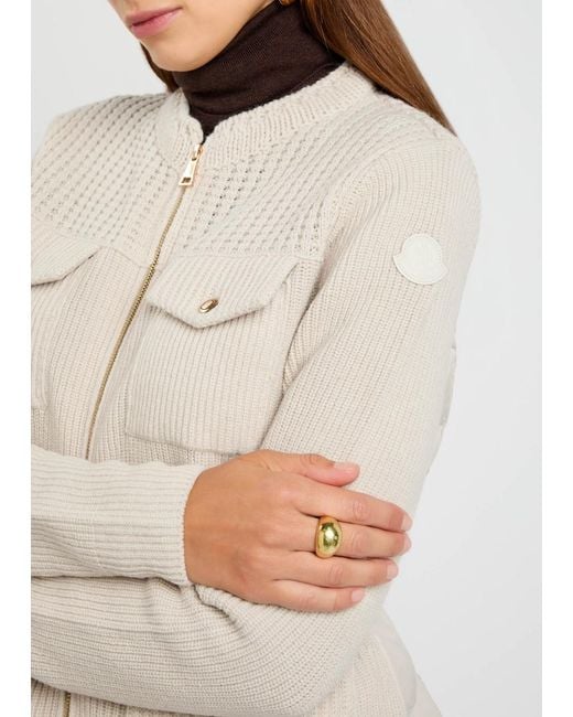Moncler Natural Logo Ribbed Wool And Shell Cardigan