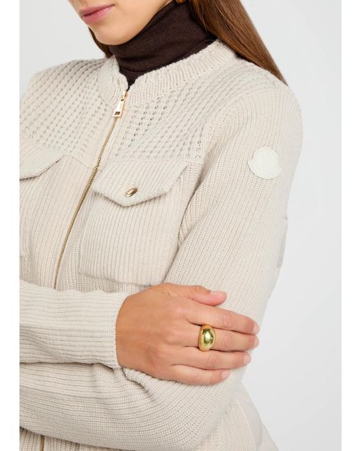 Moncler Natural Logo Ribbed Wool And Shell Cardigan