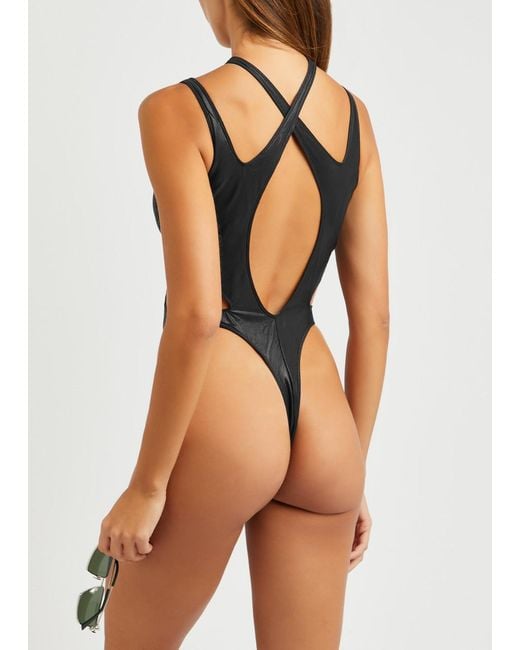 Mugler Cut-out Metallic Thong Swimsuit in Black