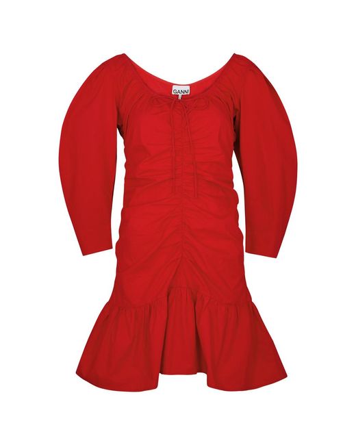 Ganni Red Ruched Cotton Mini Dress