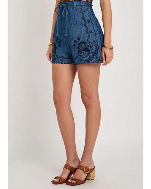 Zimmermann Blue Aster Embroidered Belted Denim Shorts