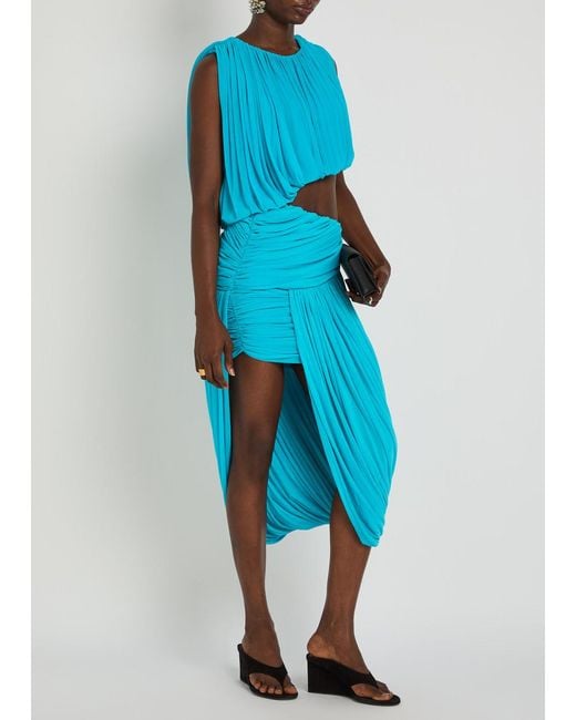Ronny Kobo Blue Wes Asymmetric Ruched Tissue Jersey Midi Skirt