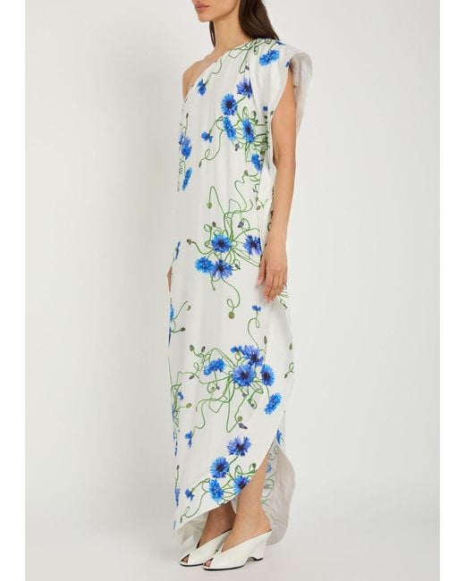 Stella McCartney Blue Asymmetric Floral-Print Satin Maxi Dress