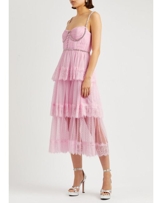 Self-Portrait Pink Crystal-Embellished Point D'Esprit Midi Dress